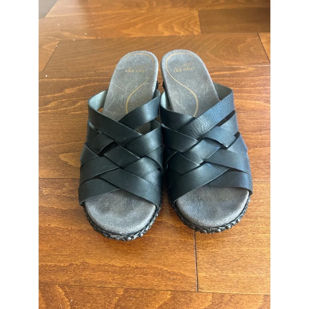 Dansko Black Leather Woven Strappy Wedge Slide Sandals Clogs Size 41 10.5-11